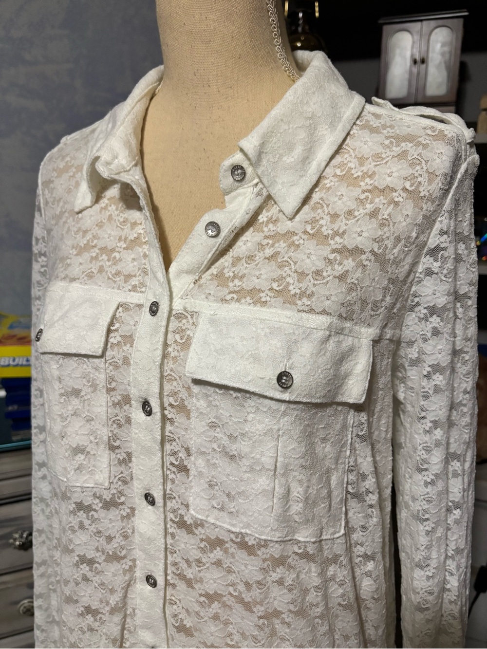 GUESS L White Floral Lace Ruffle Shirt Dress Boho Western Bridal - Picture 3 of 15
